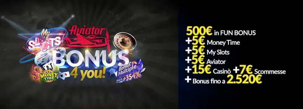 Eurobet - Bonus Benvenuto fino a 2.520€ + 500€ in Fun Bonus + 5€ Money Time + 5€ Aviator + 15€ Casinò + 7€ Scommesse