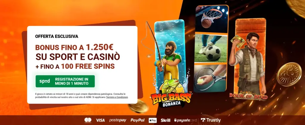 LeoVegas - Bonus Benvenuto Sport e Casinò Bonus fino a 1.250€ e fino a 100 FREE Spins.